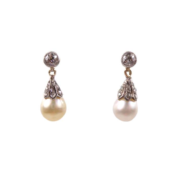 Pair of pearl and diamond pendant earrings